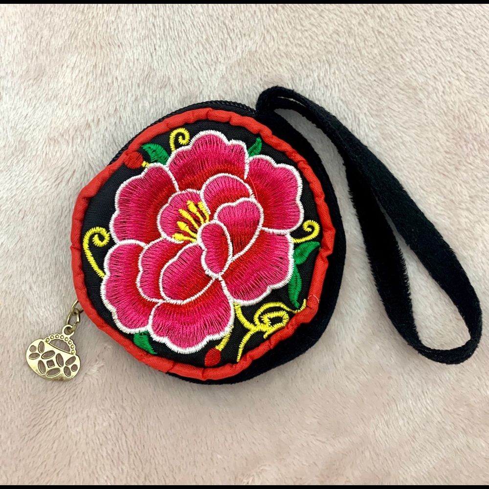 Embroidered pink rose pouch